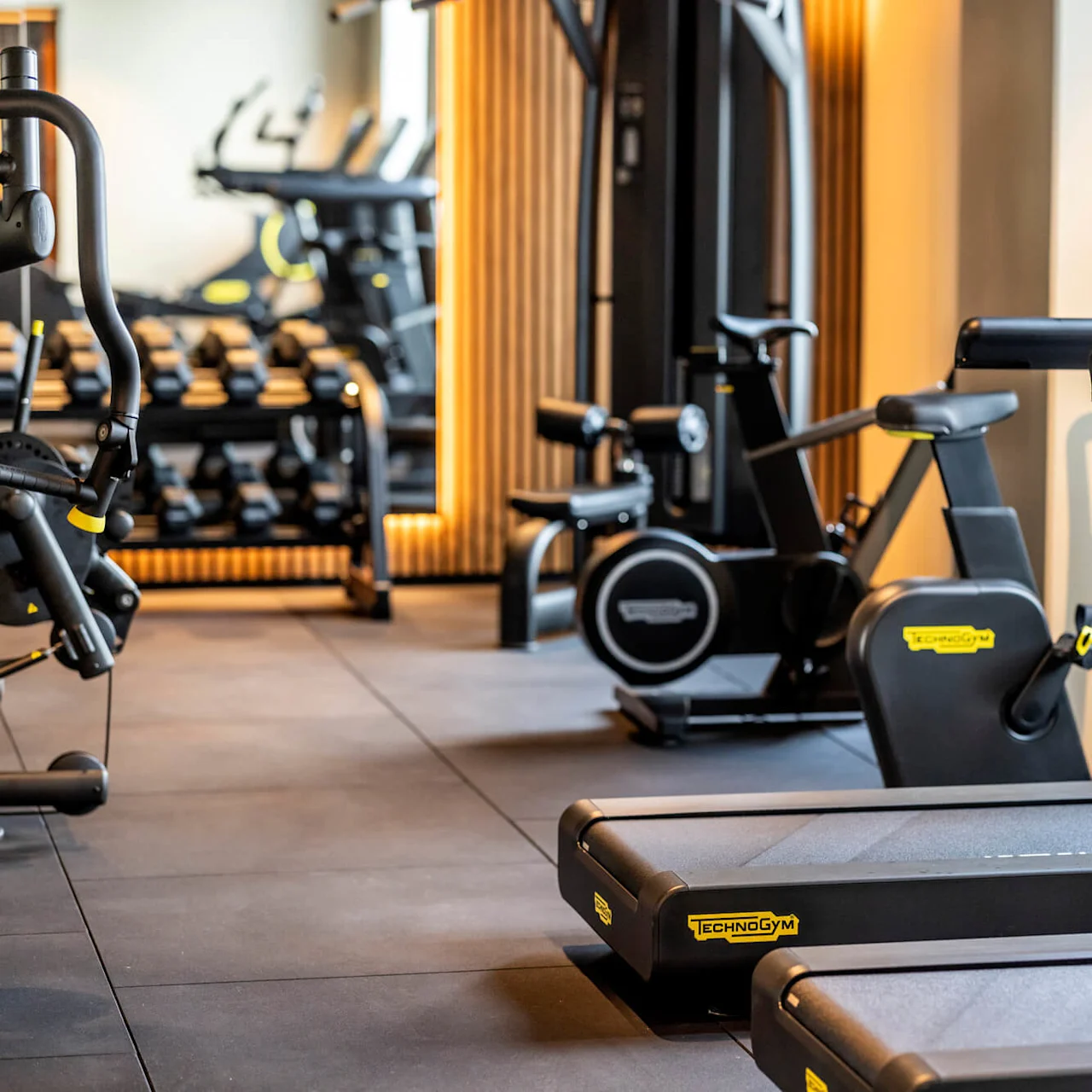 Löpband och en motionscykel, placerade i en modern gymmiljö. Ytterligare utrustning inkluderar vikter på ställningar. Ljus belysning och speglar skapar en rymlig känsla. Text: "Technogym".