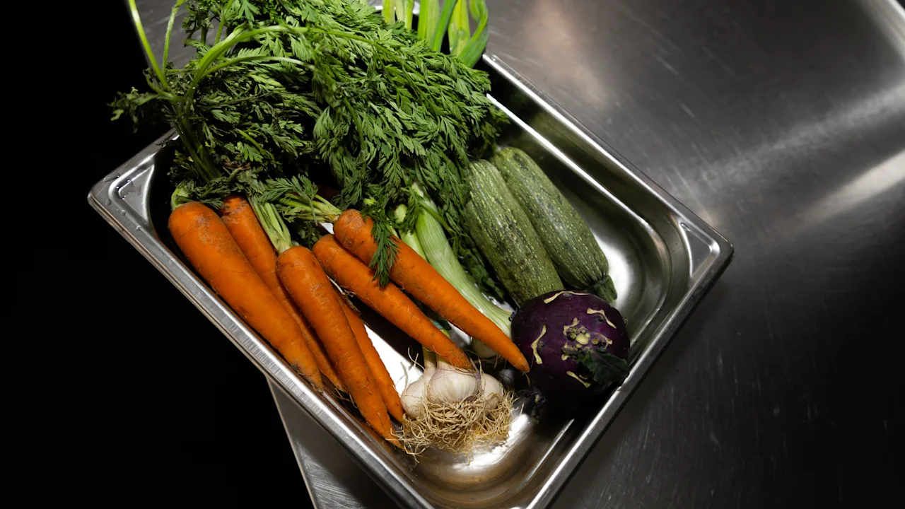 Freshly prepared vegetables including carrots, cucumbers, garlic, and eggplant in a metal tray, ready for cooking.