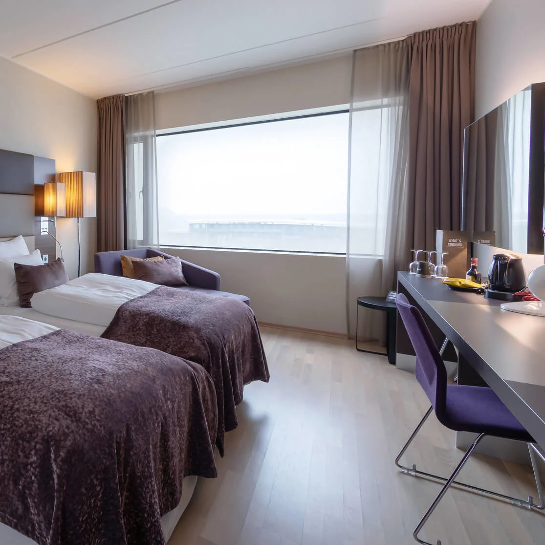 Two neatly made single beds with brown blankets are side-by-side in a modern hotel room featuring a large window, chairs, and a desk with a kettle and cups.