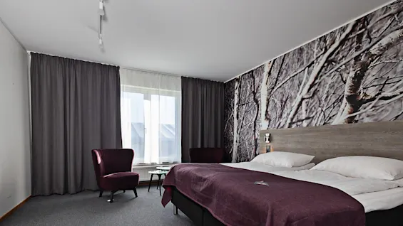 Ett hotellrum med en dubbelsäng täckt med lila sängkläder, flankerad av stolar. Ett fönster med gardiner lyser upp skogstematapeten, vilket skapar en mysig atmosfär.