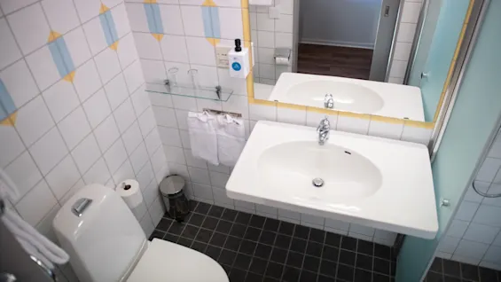 A white sink with a faucet reflects in a large mirror, set in a tiled bathroom. Nearby, a toilet, glass shelf with cups, and a trash bin.