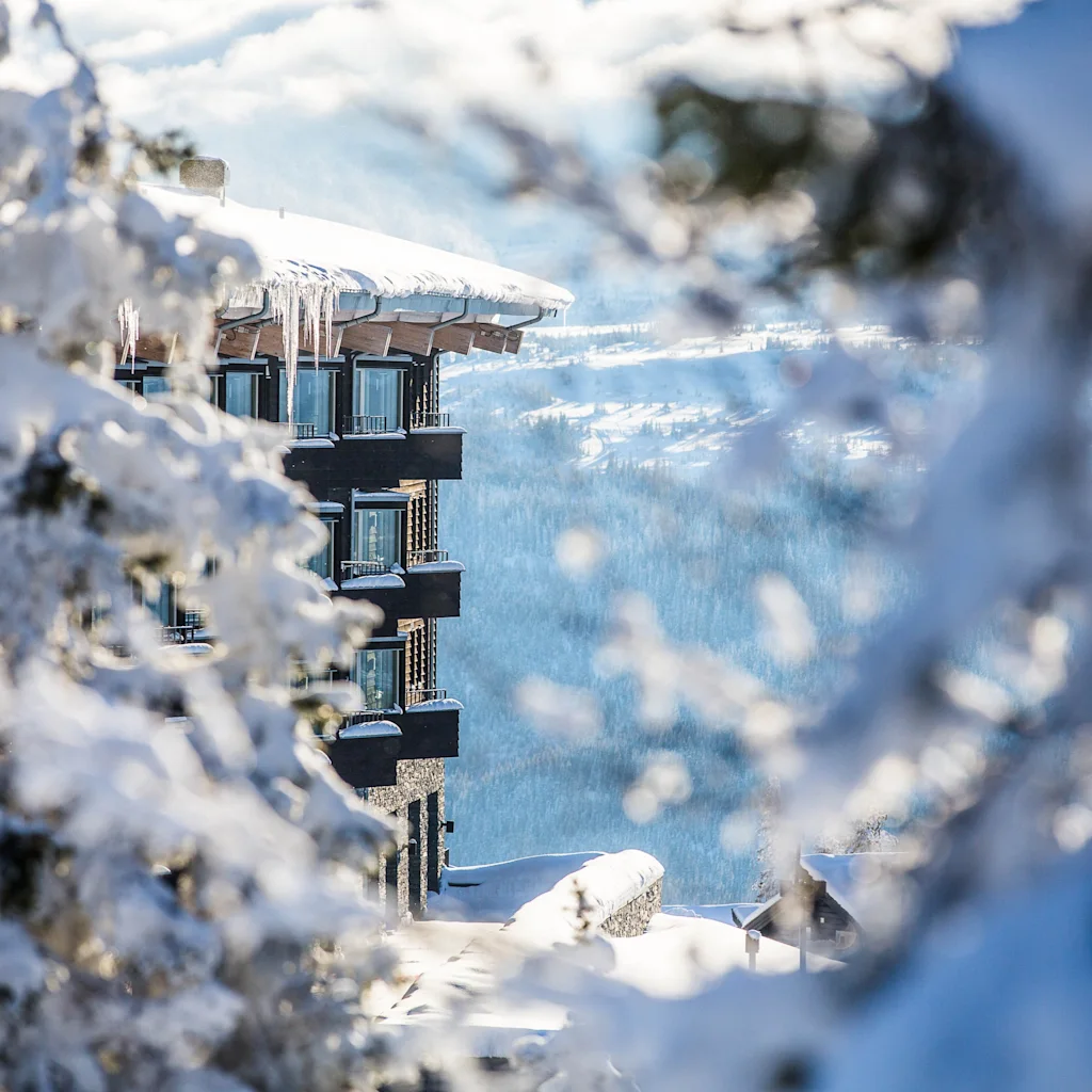 Et pittoresk vinterlandskap med en bygning plassert blant snødekte trær, med et fredelig snølandskap i bakgrunnen.