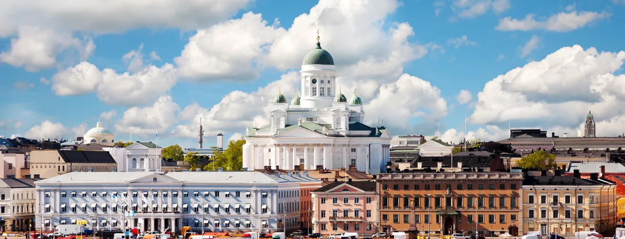 Helsinki, Finland, white cathedral in sunlight.