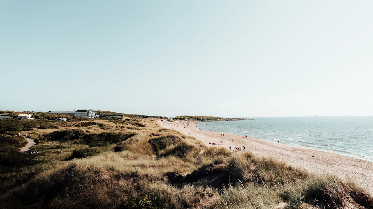 En sandstrand strækker sig langs havet, omgivet af græsklædte klitter under en klar himmel. Folk går og solbader langs kystlinjen.