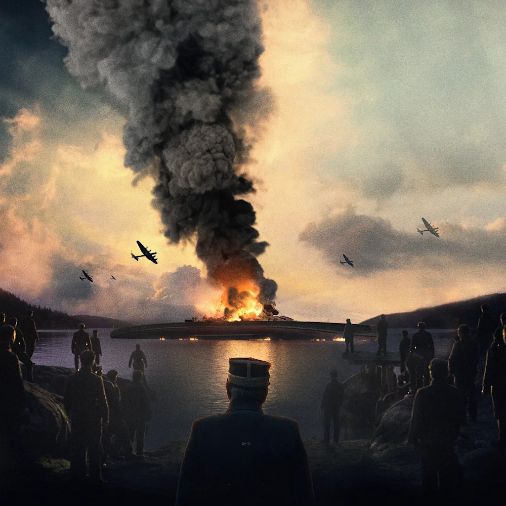 English: A large plume of smoke rises from a burning island, surrounded by water. Silhouetted figures watch, while planes fly overhead against a dramatic sky.