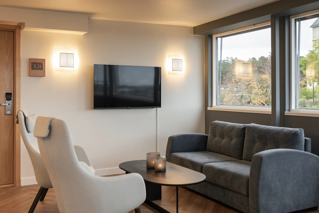 A comfortable hotel lounge area with a sofa, armchairs, a TV, and a window overlooking trees. Room number 631.