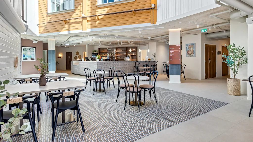 Ett rymligt caféinteriör med bra belysning, träbord, metallstolar, en disk längst bak, och krukväxter, inuti en byggnad med träpanel och stora fönster.