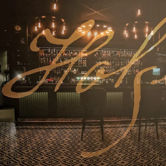 En svagt oplyst bar med hængende lamper og mønstret gulv. Der er stole foran en lang disk med forskellige flasker. Overliggeren tekst lyder “Holter.”