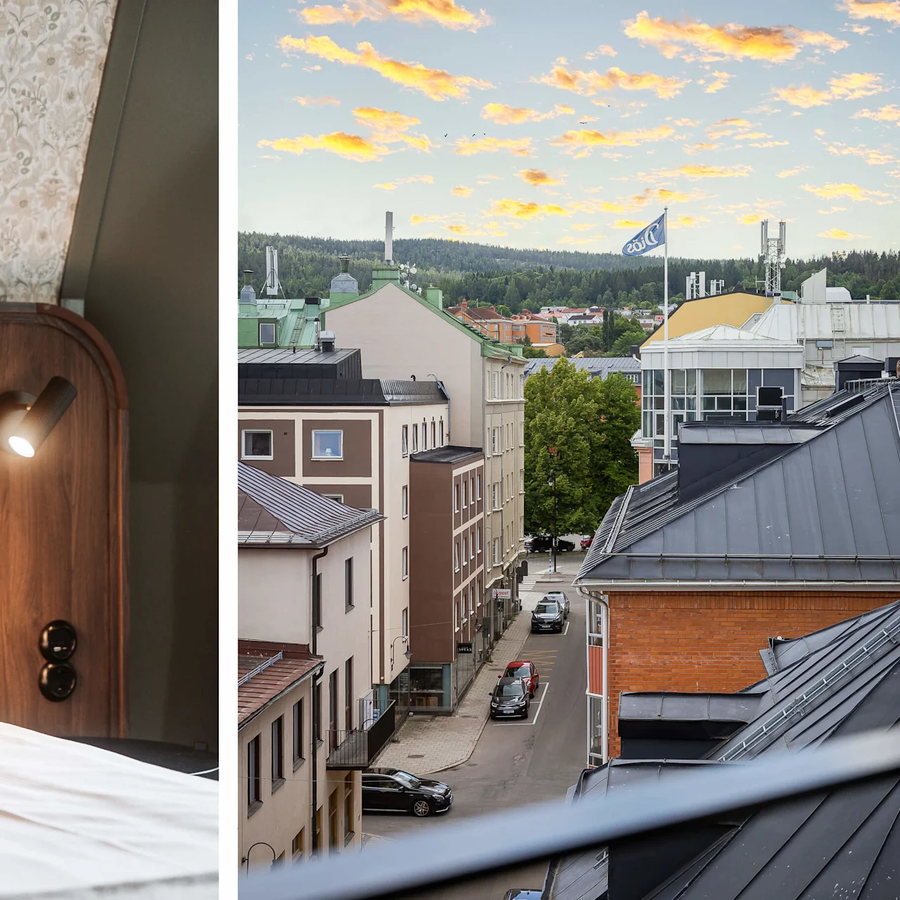 Ett mysigt hotellrum med en varmt belyst säng och kuddar, samt utsikt över en fridfull stadsgata i skymningen.