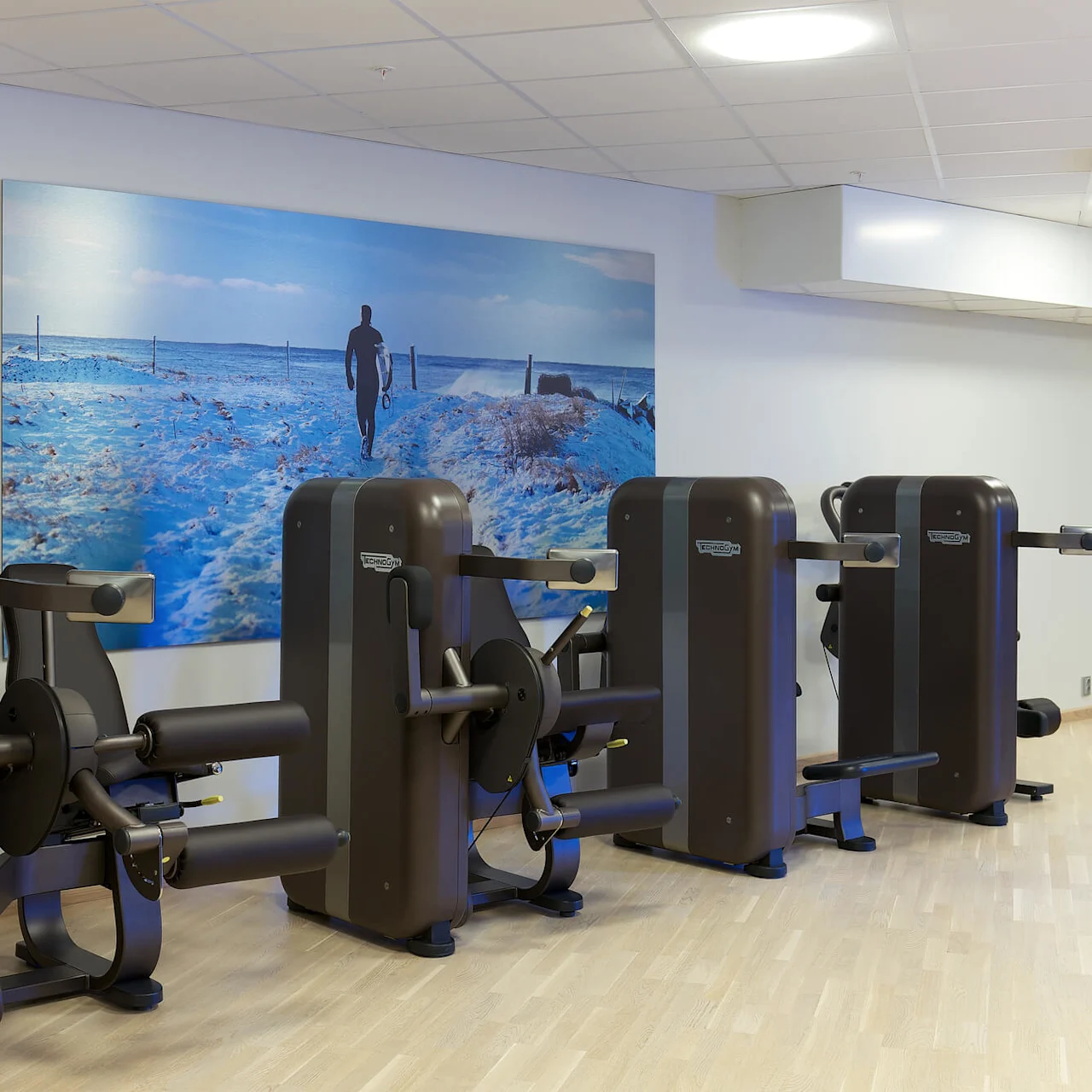 Träningsmaskiner står oanvända i ett gym med ljus trägolv. En stor väggmålning visar en person som går på en snötäckt stig mot ett staket och horisonten.