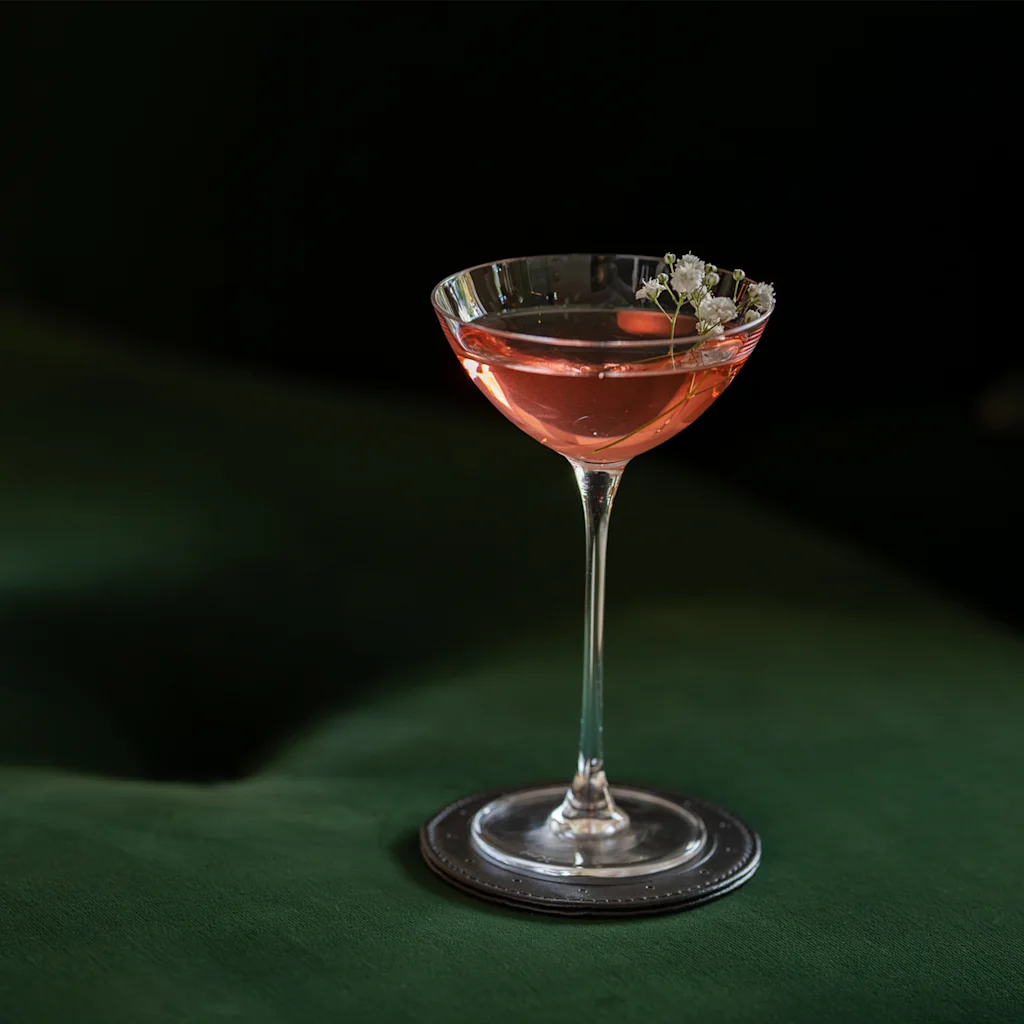 En elegant rosa cocktail med en liten blomsterdekorasjon, hvilende på en mørkegrønn fløyelsflate.