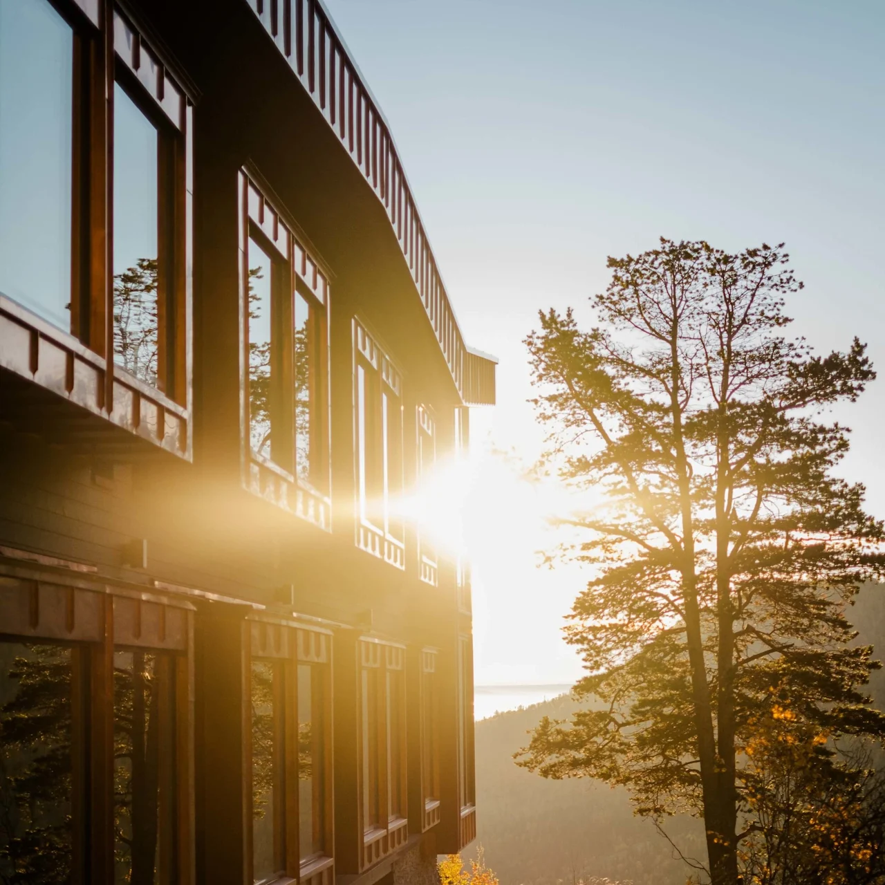 A building reflects sunlight through its windows, partially obscured by a large tree, against a backdrop of mountains and a clear sky.