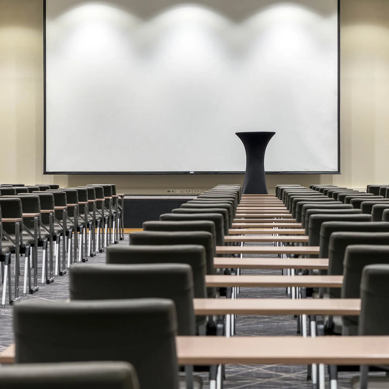 Ett stort konferensrum har rader av tomma stolar som vetter mot en vit projektorduk med en talarpodie i centrum. Rummet är väl upplyst, med neutrala väggar och mattor.