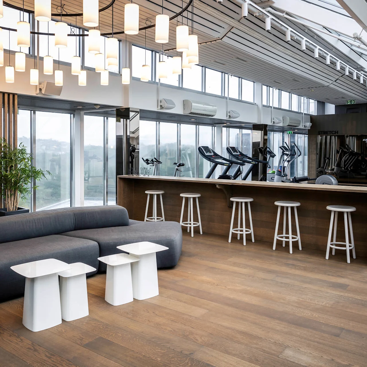 Et moderne treningsområde har grå sitteplasser og hvite bord i en loungeområde. I nærheten er det tredemøller og treningssykler, med hengende lys over og store vinduer som gir naturlig lys.