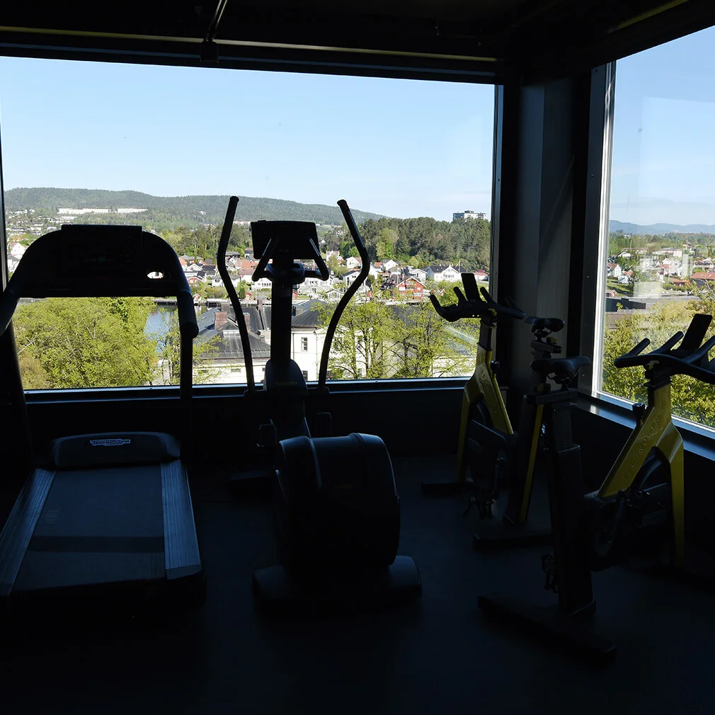 Løbebånd og motionscykler står stille i et svagt oplyst fitnessrum med udsigt over en malerisk by gennem store vinduer.