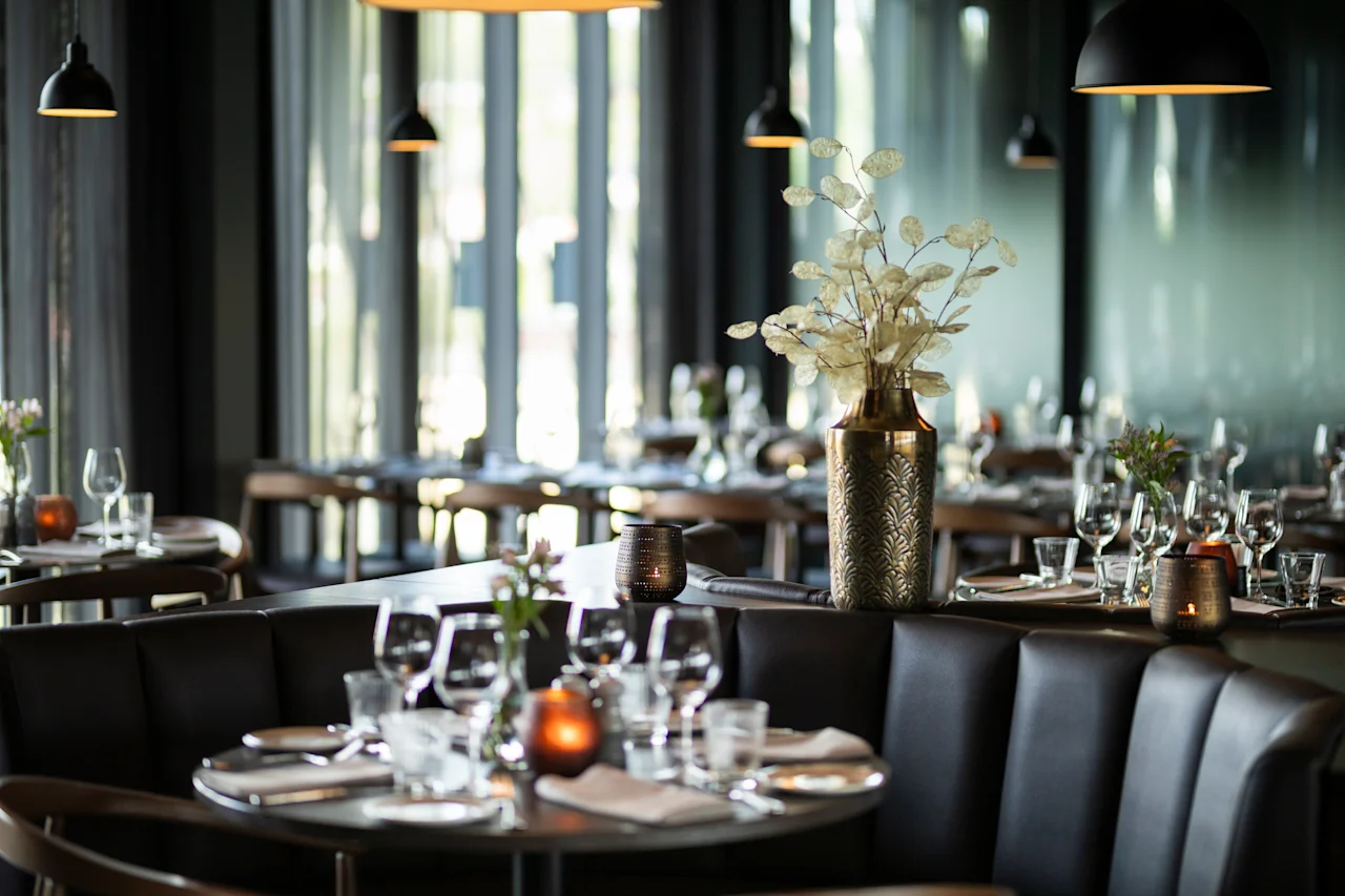 Et stilig restaurantinteriør med dekkede bord, komfortable sitteplasser og varm belysning, som skaper en innbydende atmosfære.