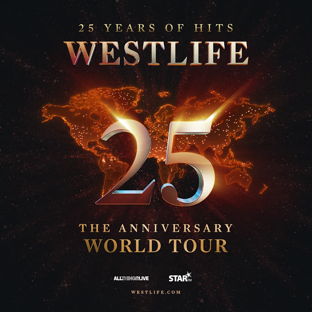 25 Years of Hits: The Anniversary World Tour. A glowing world map with a large '25' in the foreground.