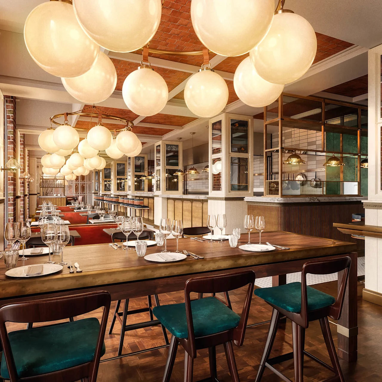 Elegant wooden table set for dining with glasses and plates, surrounded by chairs with teal cushions; large spherical lamps illuminate the refined restaurant interior featuring brick and glass elements.