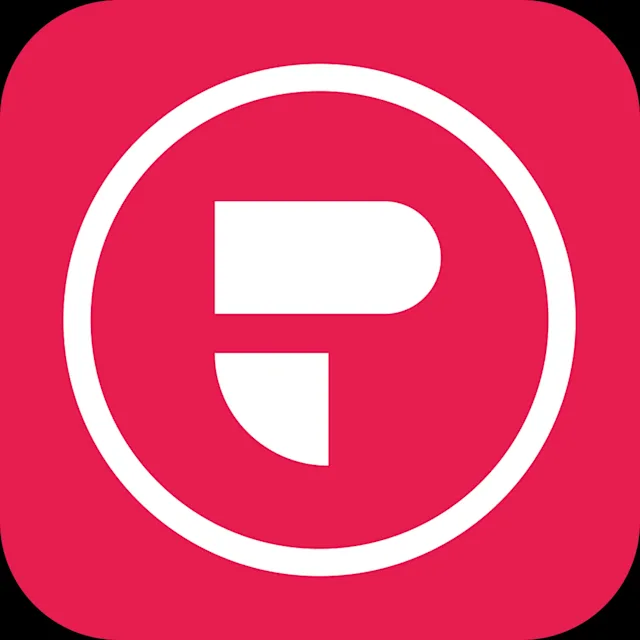 A red app icon with a white circle containing a stylized white letter P.