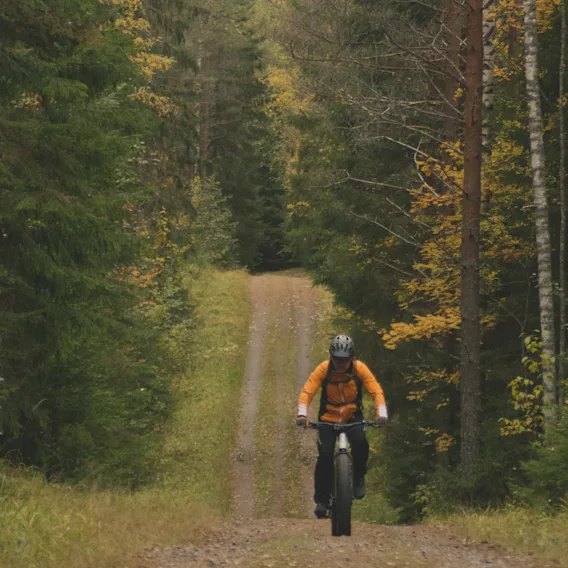 Oranssiin takkiin pukeutunut pyöräilijä ajamassa fatbikellä hiekkatiellä syksyisessä metsässä.