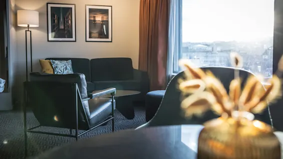 Kodikas huone, jossa musta sohva, nojatuoli ja maalauksia seinillä. Auringonvalo virtaa oranssien verhojen läpi ikkunasta valaisten kuivatun kukka-asetelman etualalla.