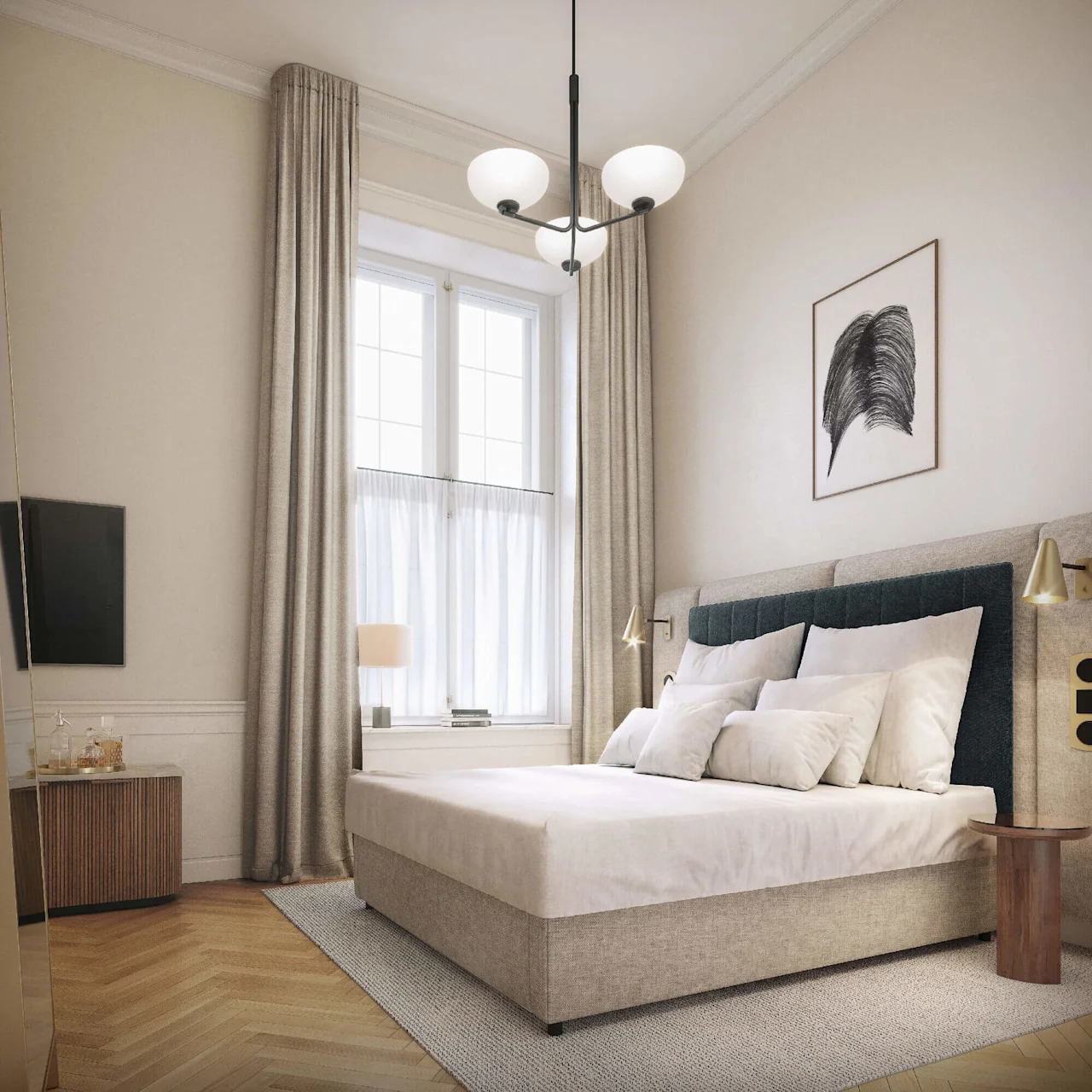 A neatly made bed with white bedding sits against a wall featuring a framed abstract drawing; a modern chandelier hangs overhead. A window with beige curtains brightens the room.
