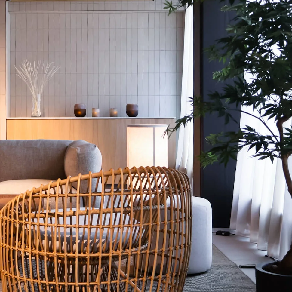 A gray sofa sits against a textured wall; two wicker chairs face it around a wooden coffee table with a small lamp. Indoor plants accentuate the cozy, contemporary living room.