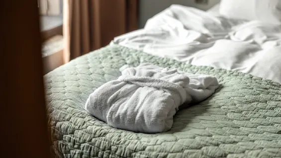 En mysig vit morgonrock ligger snyggt vikt på ett texturerat grönt överkast i ett mjukt upplyst rum, vilket antyder avkoppling och komfort. Skrynkliga lakan och solljus genom gardiner förstärker den lugna stämningen.