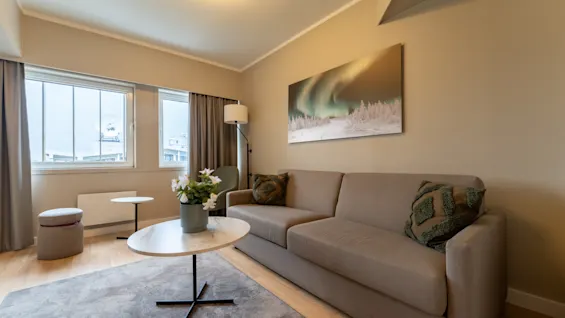 En koselig stue med en komfortabel sofa, salongbord med blomster og et stort vindu. Et maleri av nordlyset henger på veggen.