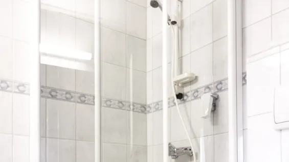 A glass shower enclosure with a handheld showerhead and soap holder, surrounded by tiled walls in a bathroom. A toilet is partially visible in the foreground.