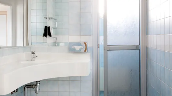 A white sink with a chrome faucet is mounted on a tiled bathroom wall, next to a frosted glass shower door. A metal tissue dispenser is attached to the wall.