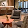 Comfortable chairs encircle a small, modern table with a plant, in a stylish lounge with a bar and high stools in the background.