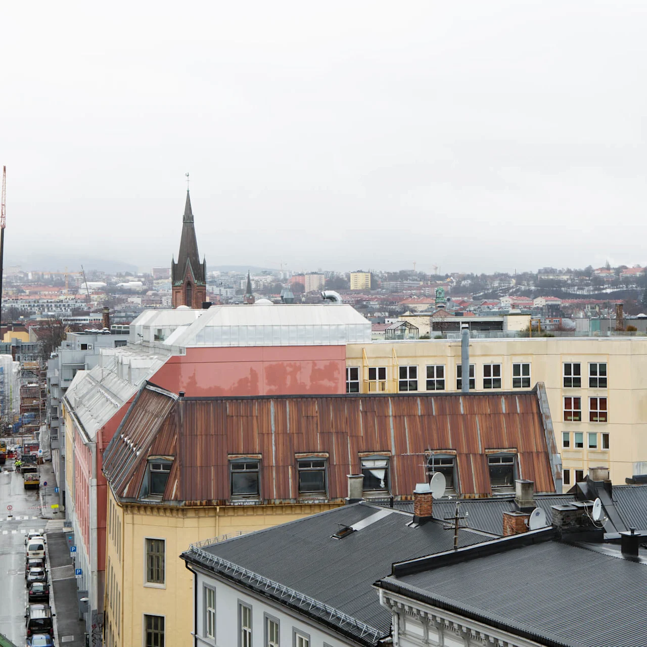 Rooftops of mixed architectural styles, some with rusted metal, under a gray sky. A church steeple stands in the background. Text on a building reads "FERDINAND LARSEN". Urban setting.