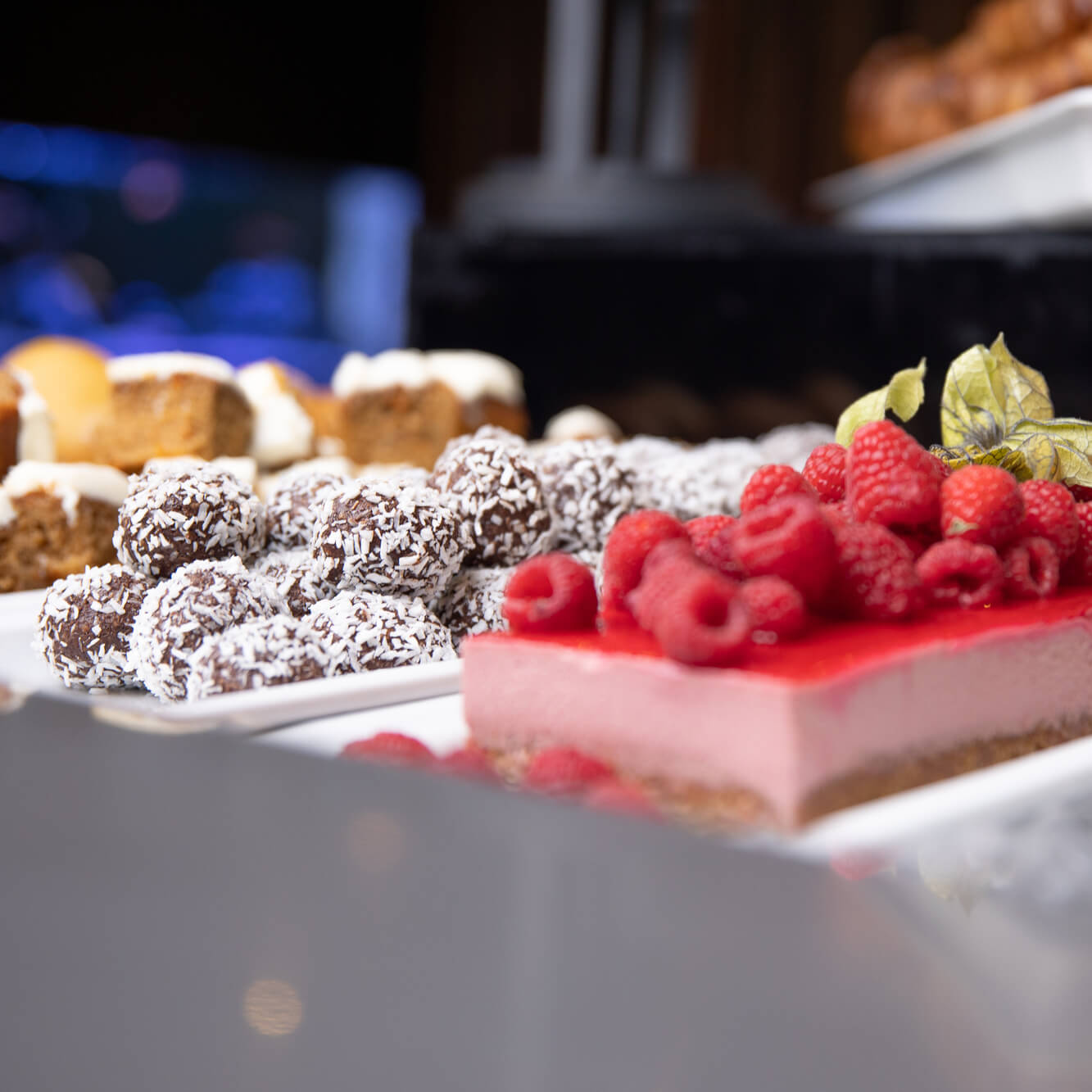 Cakes on trays ready to be served at restaurant 1803 at Quality Hotel Carlia in Uddevalla, Sweden.