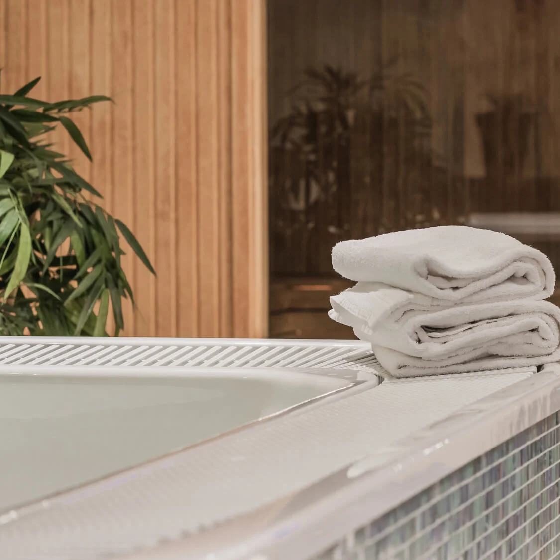 Towels rest on a jacuzzi edge beside leafy plants, adjacent to a wooden sauna with a glass door, in a serene spa setting.
