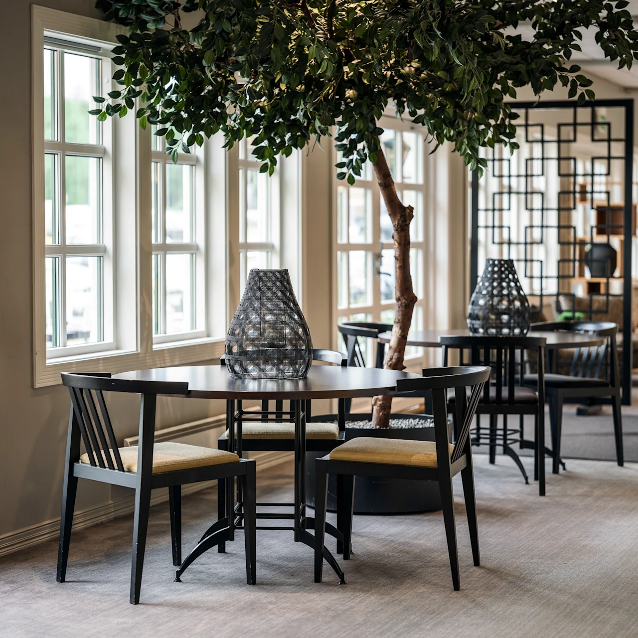 Tables with chairs placed by large windows in a spacious room. Potted trees decorate the area, creating a cozy atmosphere. 