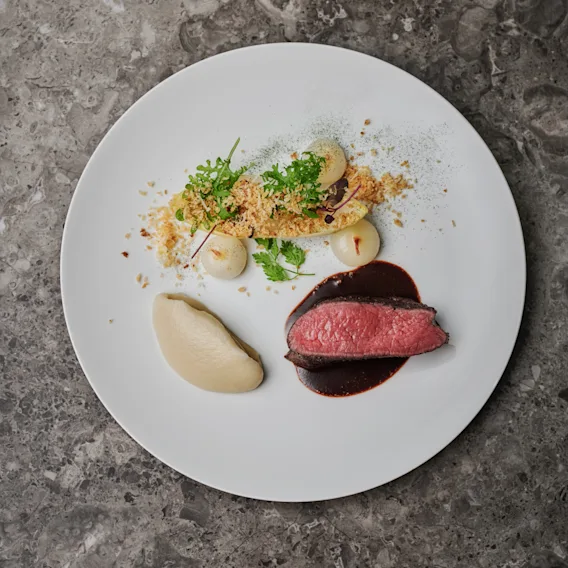 Gourmet plated dish with medium rare meat, puree, and herbs on a white plate.