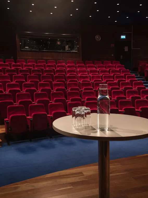 Utsikt från scenen över en tom auditorium med trappade rader av röda sammetsstolar, blå matta och ett vattenbord i förgrunden.