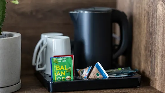 En svart vannkoker står ved siden av hvite kopper og et brett med teposer merket "GREEN TEA THÉ VERT MOMENT TO BALANCE." I forgrunnen er en kaktus i en potte på en treoverflate.