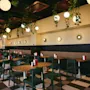En livlig restaurangmatsal med träbord, gröna stolar och bås. Hängande klotlampor med frodiga växter lyser upp rummet.