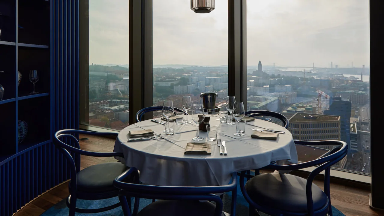 Dinner table with city view from restaurant Brasserie Draken in Gothenburg.