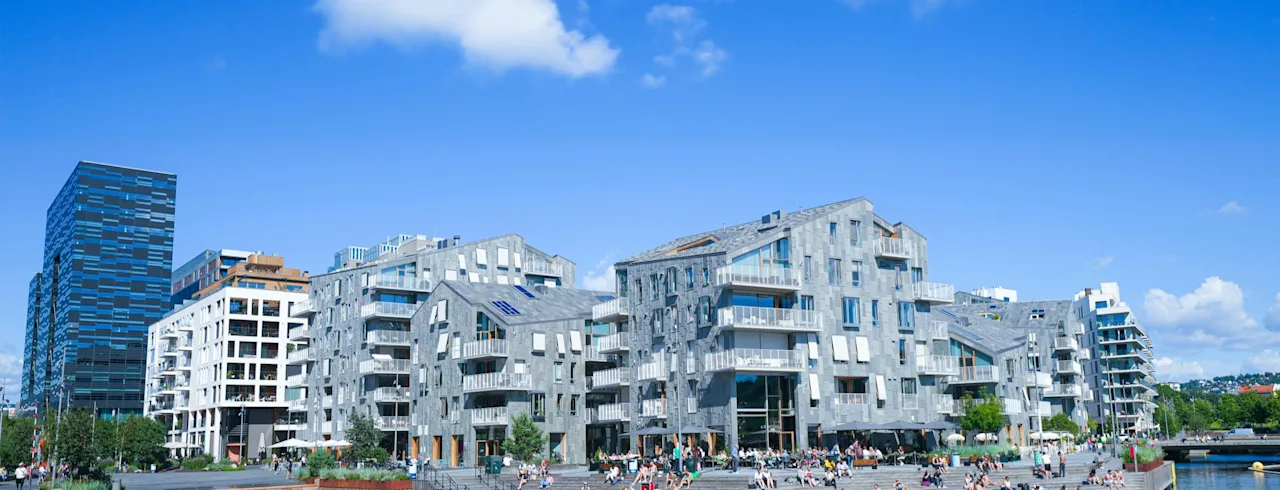 Folk slapper av ved vannet en solrik dag, med moderne bygninger i bakgrunnen. Noen svømmer, andre soler seg.