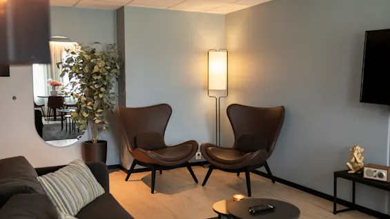 En koselig stue med en mørk sofa, to brune lenestoler, en gulvlampe og en stor plante. Et speil reflekterer et spiseområde.