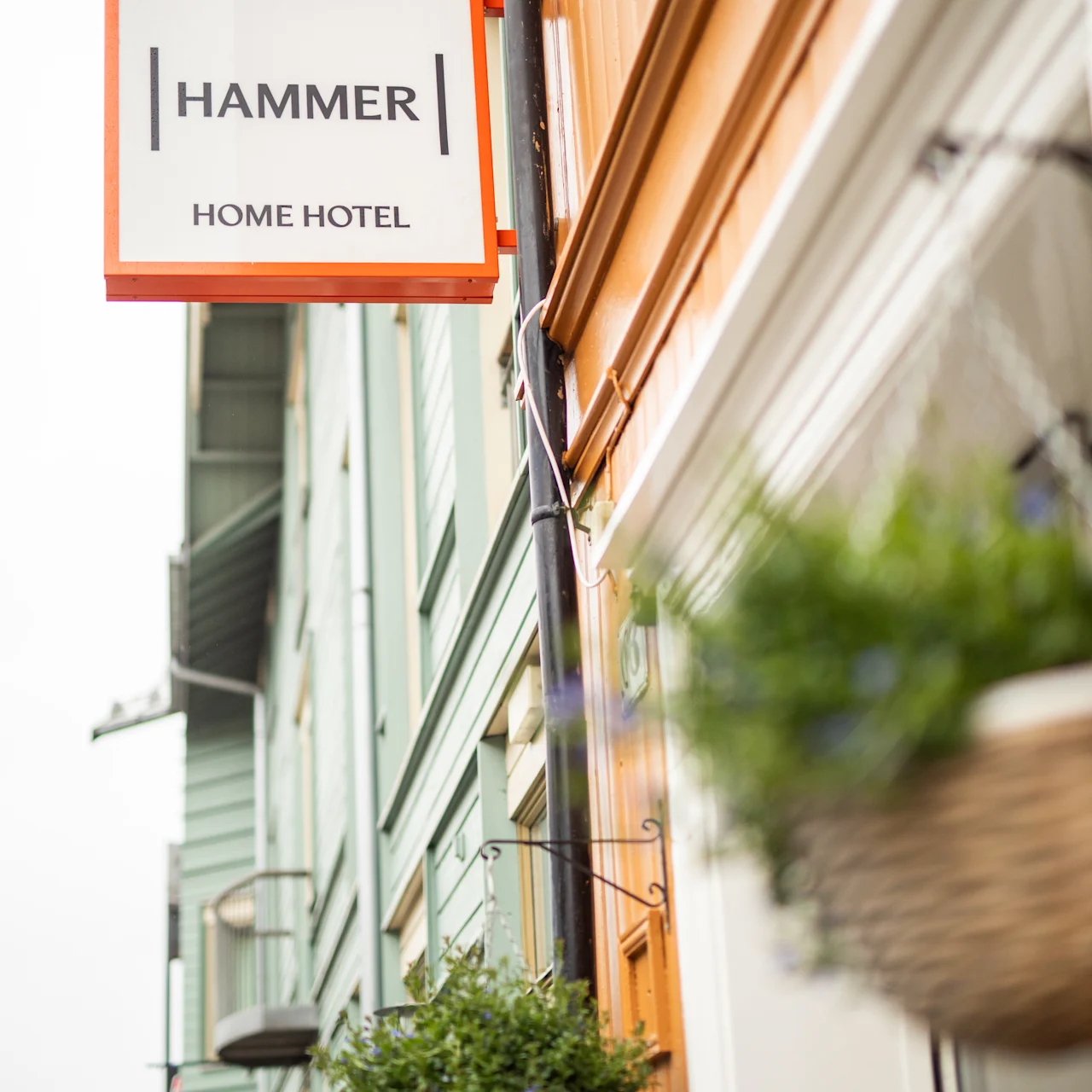Skylt med texten "HAMMER HOME HOTEL" hänger på en färgglad byggnadsfasad. Två hängande korgar med grönska dekorerar förgrunden. Gatan sträcker sig i fjärran under en molnig himmel.
