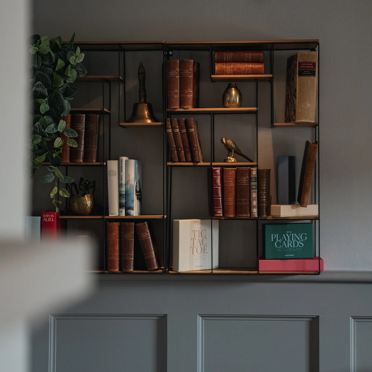 A wall-mounted shelf holds books, a plant, a bell, and a small bird figurine. Below on the shelf is a box labeled "PLAYING CARDS". The setting is an interior room with paneled walls.