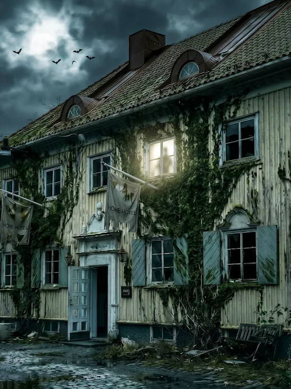 Et gammelt, forfaldent hus dækket af slyngplanter under en mørk fuldmånehimmel med en enkelt oplyst rude.