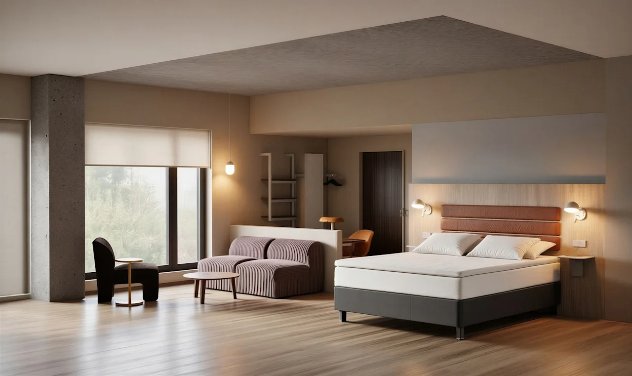 Et moderne hotelværelse med en komfortabel seng, et hyggeligt siddeområde og et stort vindue med udsigt til naturen.