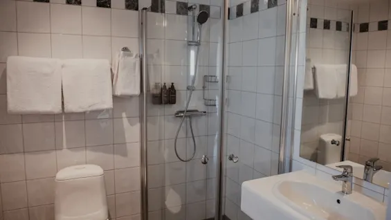 Et lyst og funktionelt hotelbadeværelse med bruser, toilet og håndvask, klar til gæstebrug.
