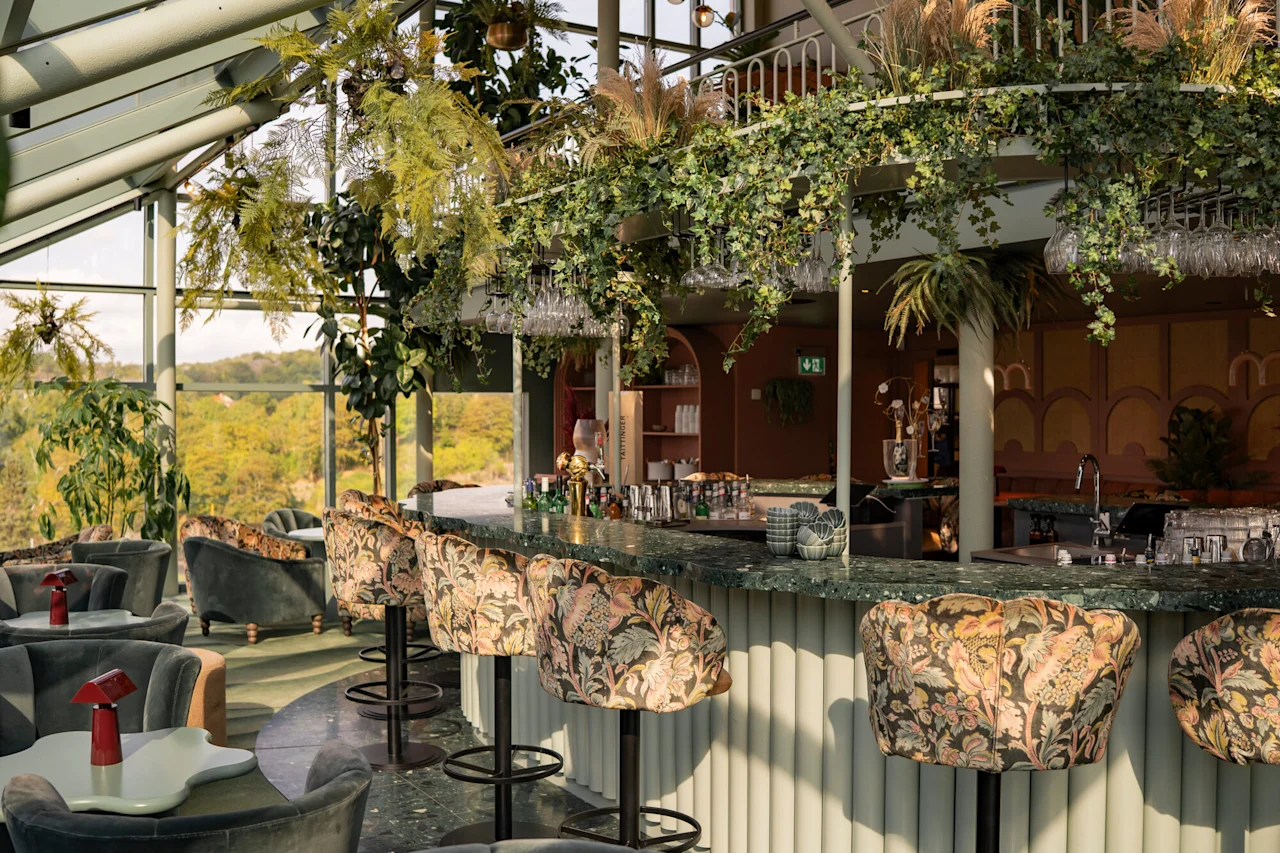 Kutsuva baari ja oleskelutila, jossa on runsaasti vehreyttä, muhkeat istuimet ja panoraamanäkymä ulos suurista ikkunoista.