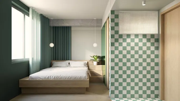 A bed with white linens rests beneath a round pendant light, next to a green plant on a wooden stand. The room features green curtains and checkered tiles.